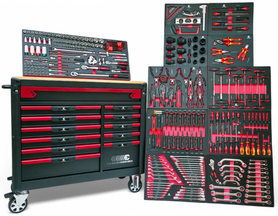 DeTec. Werkstattwagen rollbar 12 Schubladen 11 bestückt Werkzeugkiste Holzplatte