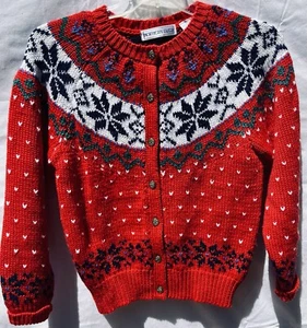 Vintage Women's Northern Isle Red Cardigan Sweater Snowflakes Hearts Flowers - S - Picture 1 of 5