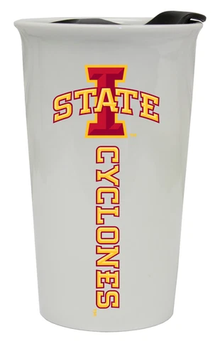 IOWA STATE CYCLONES 12OZ CERAMIC TUMBLER-IOWA STATE TRAVEL MUG w/ LID Cover
