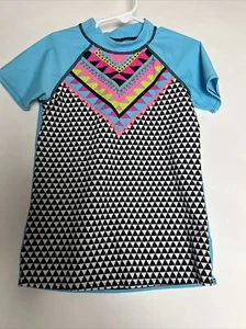 Circo NWOT Kids Swim rashguard size M (7/8) aqua black white blocks geometric - Picture 1 of 3