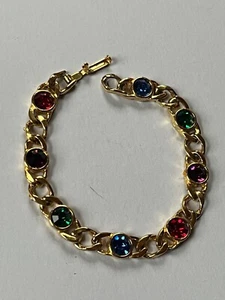 Goldtone Curb Link w Colorful Round Rhinestone Cab Bracelet - 7 inches long x - Picture 1 of 8