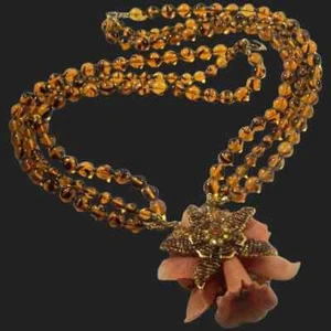 STANLEY HAGLER, NYC Amber/Topaz Angel Skin Coral Glass Trumpet Flower Necklace - Picture 1 of 13