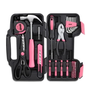 39Pcs Pink Home Repair Hand Tool Toolbox Bit Drive Plier Hammer Scissor Hex Key - Picture 1 of 11