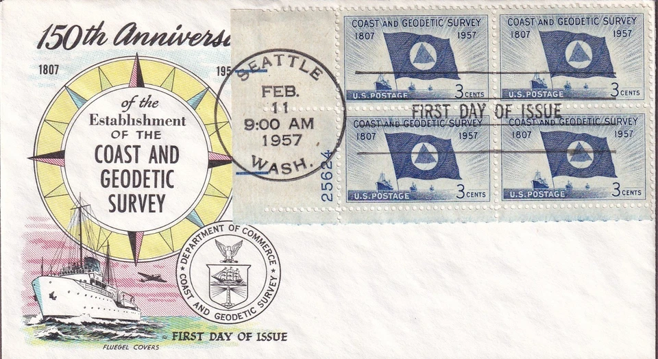 Coast and Geodetic Survey FDC, Fluegel, bloque de placas de 4 estampillas PB-4, 1088 Foto 1 de 1