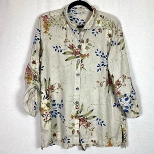 John Mark Women’s Medium 100% Linen Top Long Sleeve Floral Shirt Beige Pockets M - Picture 1 of 9