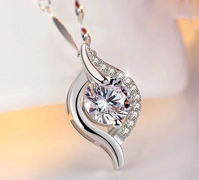 Mujer Niña 925 Collar Plata Esterlina 18" Cadena Circonita Colgante Caja de Regalo Foto 1 de 4