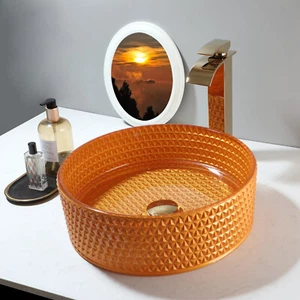 15"Orange Round Bathroom Sink Tempered Glass Bowl Waterfall Mixer Deck Mount Tap - Picture 1 of 10