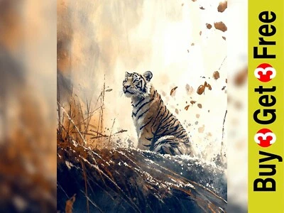 Serene Tiger in Grass 5"x7" impressão em papel fosco | Pintura animal elegante - Imagem 1 de 4