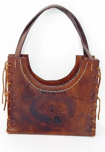 Vintage Handmade Artisan Brown Tooled Leather Tote Bag  Egyptian Revival Fringe - Picture 1 of 12