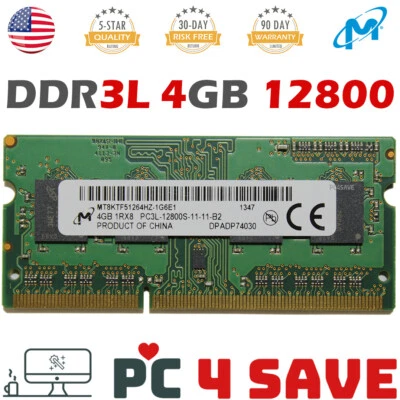 MICRON 4GB DDR3L-1600 PC3L-12800S 1.35V / Mini PC Laptop SODIMM Memory 204P 1Rx8 - Image 1 of 2