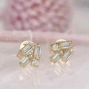 2/5Ct Baguette Lab Created Diamond Cluster Stud Earrings 14K Yellow Gold Plated - Picture 1 of 4