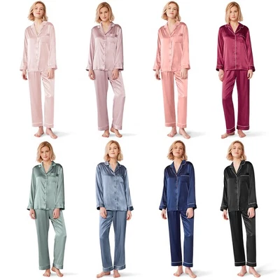SIORO Women Silk Satin Pajamas Set Long Sleeve Sleepwear Pants Pj Set Nightwear - Image 1 of 4
