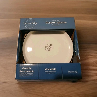 4-Pack Sur La Table 7.75” Side/Salad/Dessert Stackable Plates - White/Black Rim