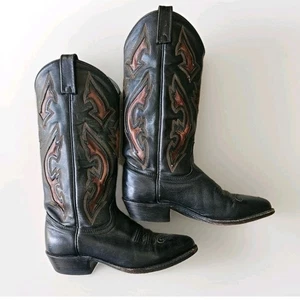 Dan Post Women's 6M Black Leather Cowboy Boots Brown Flame Inlay Western 4159 - Picture 1 of 8