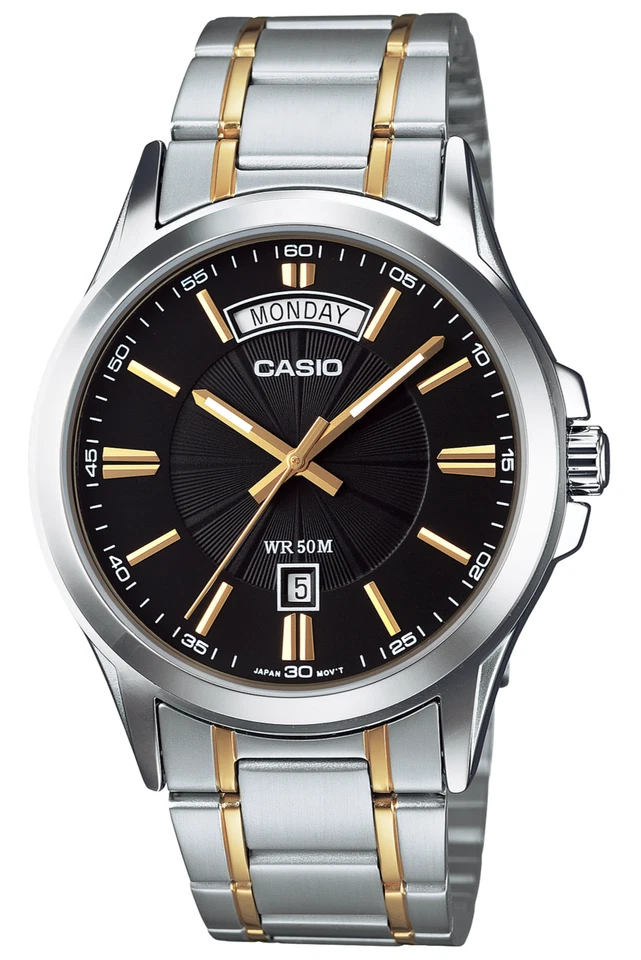 Reloj Casio MTP-1381G-1AV para hombre dorado acero inoxidable esfera negra, día fecha 50M WR Foto 1 de 1