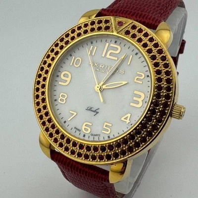 Akribos Ruby Swiss Quartz Watch Unisex 50m Steel Gold Tone Red Leather New Batte - Image 1 of 4