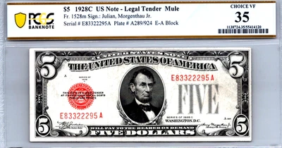 $5 1928-C Legal Tender MULE (FANCY SERIAL E83322295A) PCGS 35 CVF Fr. 1528m - Image 1 of 3