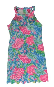 Lilly Pulitzer Shift Girls Sz 14 Multi True Blue Sea Soirée Floral Scalloped Hem - Picture 1 of 16