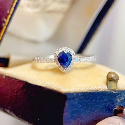 18K Gold Sapphire Teardrop Ring – Natural Blue Sapphire with Diamond Accents - Image 1 of 4