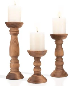 Farmhouse Wooden Candle Holders for Pillar Candles Set of 3, Rustic Wood Cand... - Picture 1 of 6