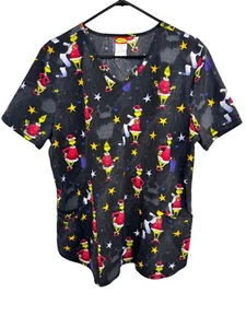Dr Seuss Women's Scrub Top Size L Black Stretch V-Neck Grinch Christmas Holiday - Picture 1 of 10