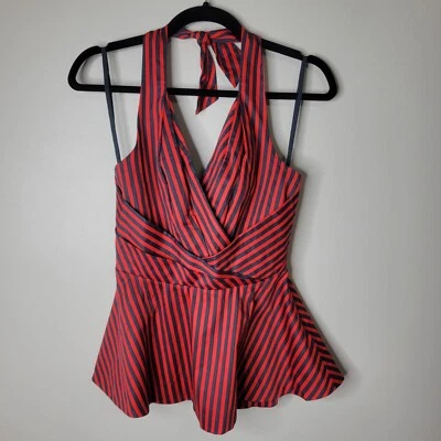 Odille 4 (Anthropologie) Red/Gray Striped Halter Top Peplum Hem Top - Image 1 of 4