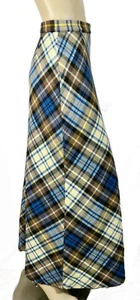 Vintage 70s Mod Cobalt Tartan Plaid Wool Blend Maxi Skirt M - Picture 1 of 5