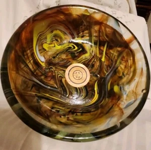 GLASS FRUIT BOWL 7.25"D × 3.5" H COLORFUL 3 FOOTED ART GLASS AARON SANCHEZ - Picture 1 of 15