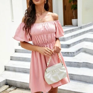 SYSRI Women Pink Mini Dress Size L Off  The Shoulder puff Sleeves Ruffle - Picture 1 of 12