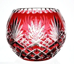 Bohemian Cranberry Red Cut to Clear Crystal Rose / Candle Bowl Odessa Pattern - Picture 1 of 3