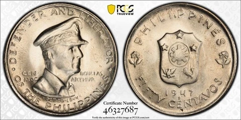 1947-S Philippines 50 Centavos PCGS MS65 Lot#G4626 Silver! Gem BU! MacArthur Cover