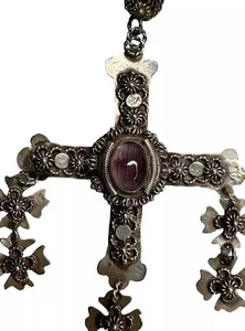 Vintage Mexico Sterling Silver Amethyst Stone YALAG Cross Pendant - Picture 1 of 11
