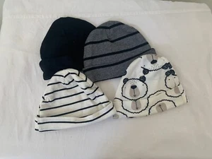 Gerber Boys Hat Bundle Size 0-6M Bears Striped Black Gray Beanies Caps Lot Of 4 - Picture 1 of 8