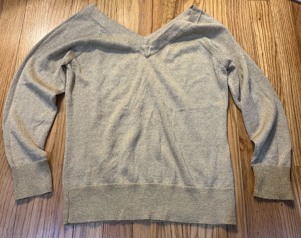 Apostrophe Gold Sparkle V- Neck Light Sweater Size S (4-6) - Image 1 of 4