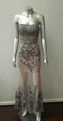 SUE WONG NOCTURNE Y2K TAUPE HEAVILY BEADED SEMI SHEER MESH MERMAID DRESS PARTY 4 - Image 1 of 4