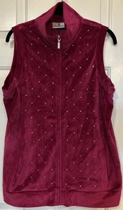 Quacker Factory Womens Medium Rhinestone Vest Fuschia Velour Full Zip Bling - Picture 1 of 4