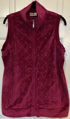Quacker Factory Womens Medium Rhinestone Vest Fuschia Velour Full Zip Bling - Image 1 of 4