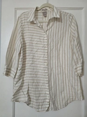 Chicos No Iron Shirt Sz 1 /M Tan White Striped 3/4 Sleeve Linen Button Up Tunic - Image 1 of 4