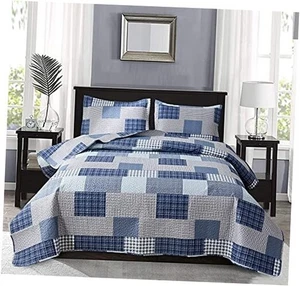 Blau kariertes Quilts Set leichte Sommer Bettwäsche Größe, Full/Queen hellblau - Bild 1 von 7