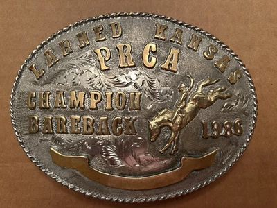 LARGE BRASS/SILVER/GOLD  LAREDO KANSAS PRCA CHAMPION BAREBACK 1986 BELT BUCKLE - Image 1 of 4