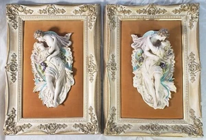 Pair 1950's Framed  Relief Capodimonte Romantic Bisque Porcelain Lovers Plaque - Picture 1 of 21