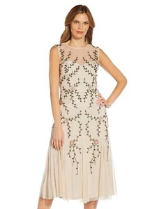 Adrianna Papell Women's Beaded Tea Length Dress, Biscotti, 8 - Picture 1 of 4