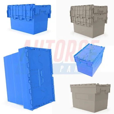 Attached Lid Containers, Heavy Duty Attached Lid Crate Storage Boxes Grey Blue - Image 1 of 4