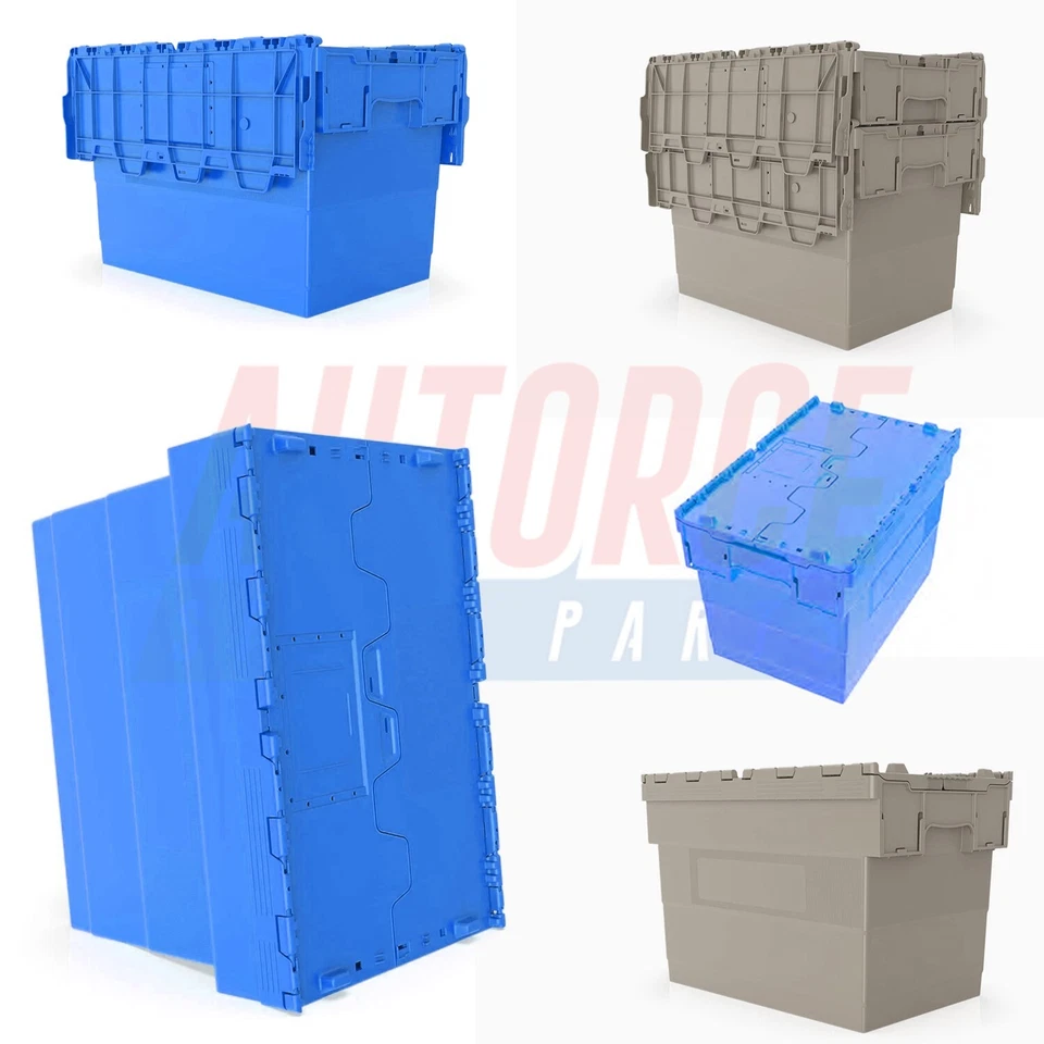 Attached Lid Containers, Heavy Duty Attached Lid Crate Storage Boxes Grey Blue - Image 1 of 4