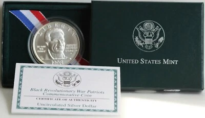 1998 S Black Revolutionary War Patriots BU 90% Silver Dollar Coin Box and COA - Image 1 of 3