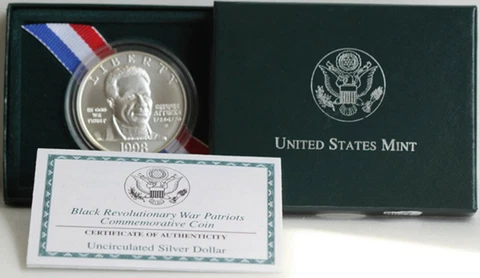 1998 S Black Revolutionary War Patriots BU 90% Silver Dollar Coin Box and COA Cover