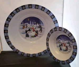 2 Pc Holiday Bowl Set Snowman Winter Holiday Christmas Melimine Lg 12" & Sm 8" - Picture 1 of 3