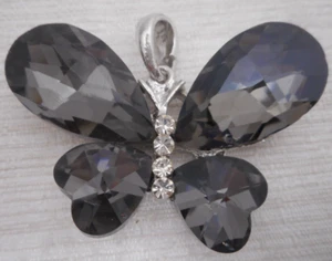 Butterfly Pendant Large Black Gem Cut Crystal 4 Rhinestones Silvertone 1 3/8" - Picture 1 of 6