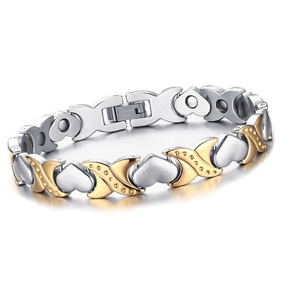 Womens Silver&Gold Tone Stainless Steel Cuff Bangle Love Heart Charm Bracelet - Imagem 1 de 4