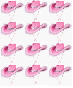 Pack Of Pink Feather Cowgirl Cowboy Wild West Fancy Dress Hen Party Hats Lot - Picture 1 of 6